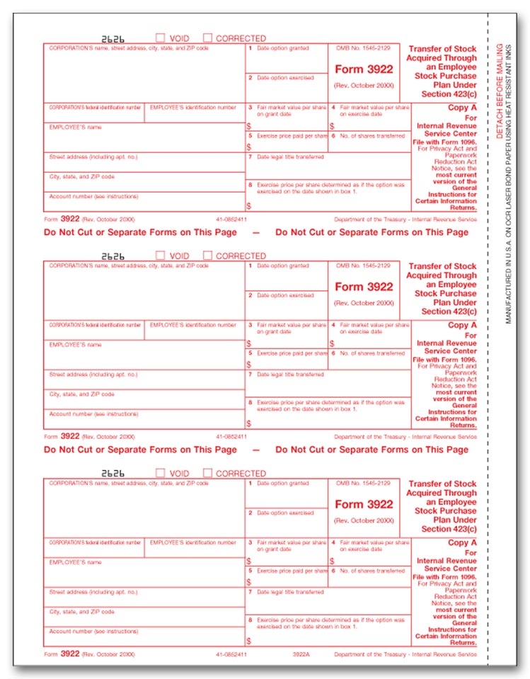 3922 Laser Tax Forms Copy A
