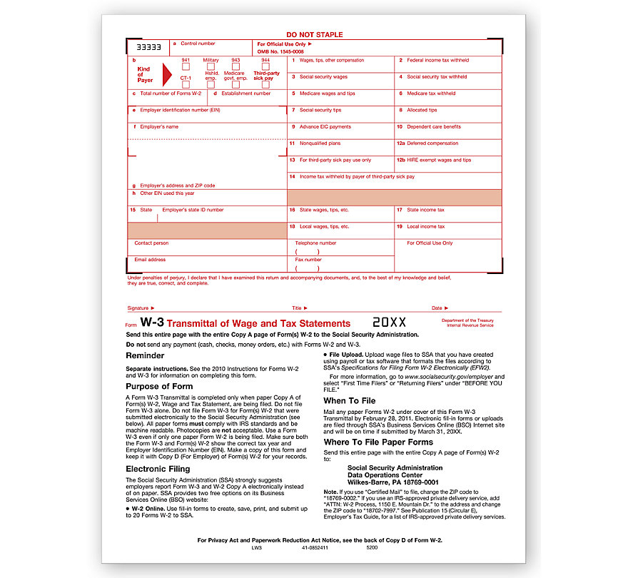 TF5200 - Laser W-3 Form - Transmittal of Wage and Tax Statements