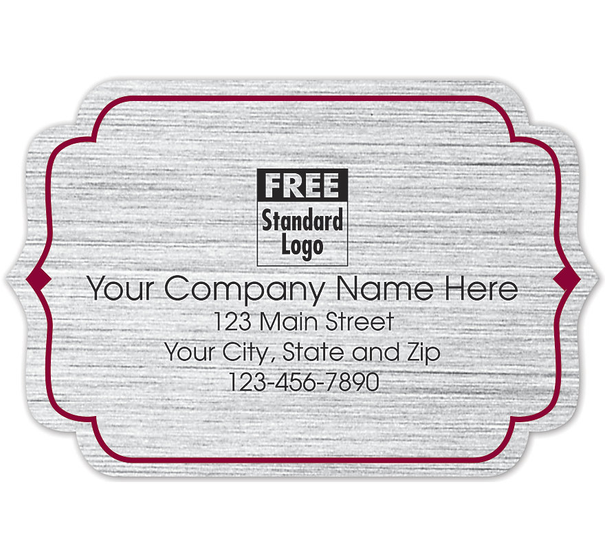 These advertising labels are printed on silver brushed stock with a red border and include your business information.