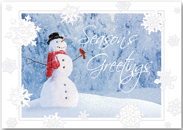 This winter themed holiday card shows a lonely snowman with a red scarf against a white background.